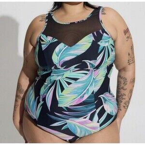 Torrid Size 0x Green Black Leafy Active Wireless High Neck Swimsuit One Piece